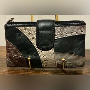 Rare Vintage Black Y2K Fossil Leather Patchwork Bifold Snap Wallet